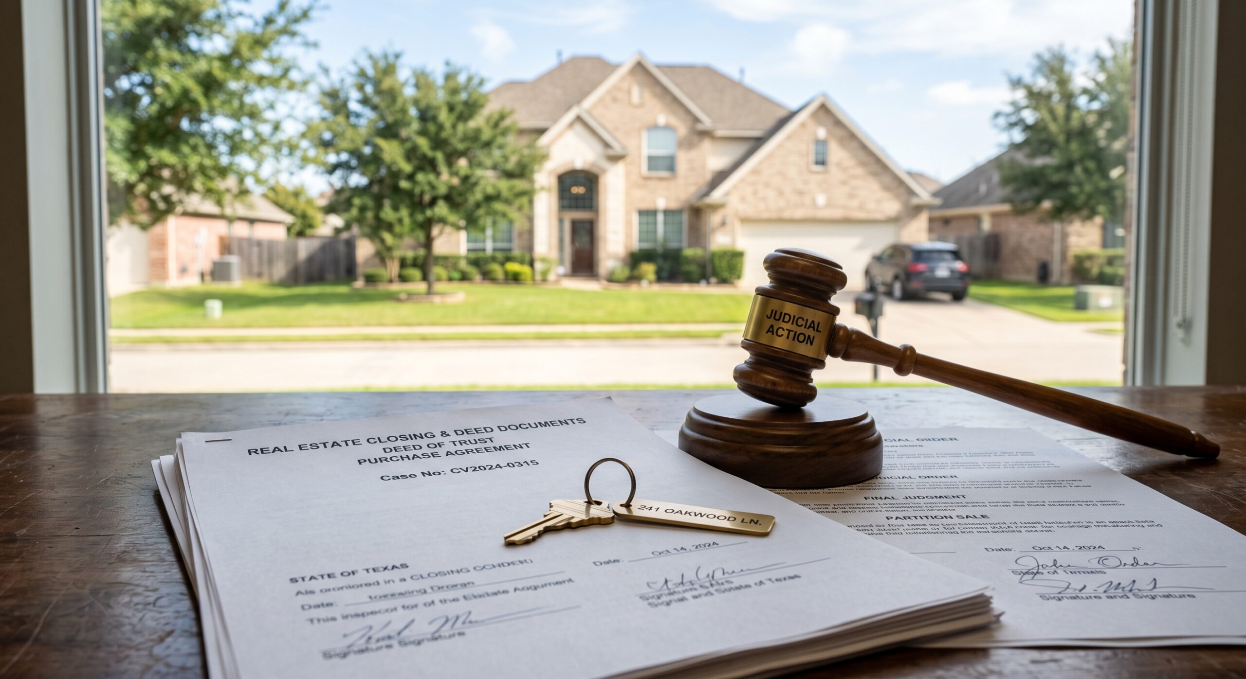 House key, real estate title deed, and judicial gavel representing a Texas court-ordered partition sale of a home.