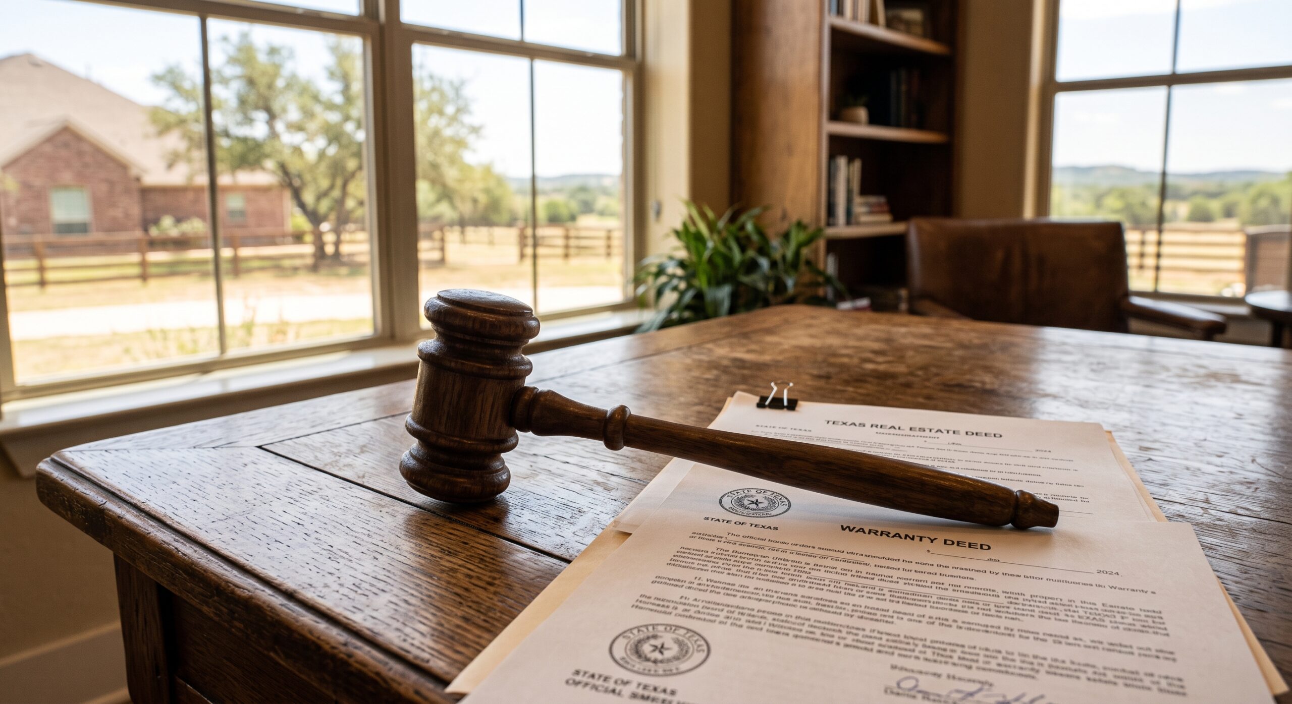 Wooden legal gavel and real estate title documents representing Texas partition lawsuits and forced property sales.
