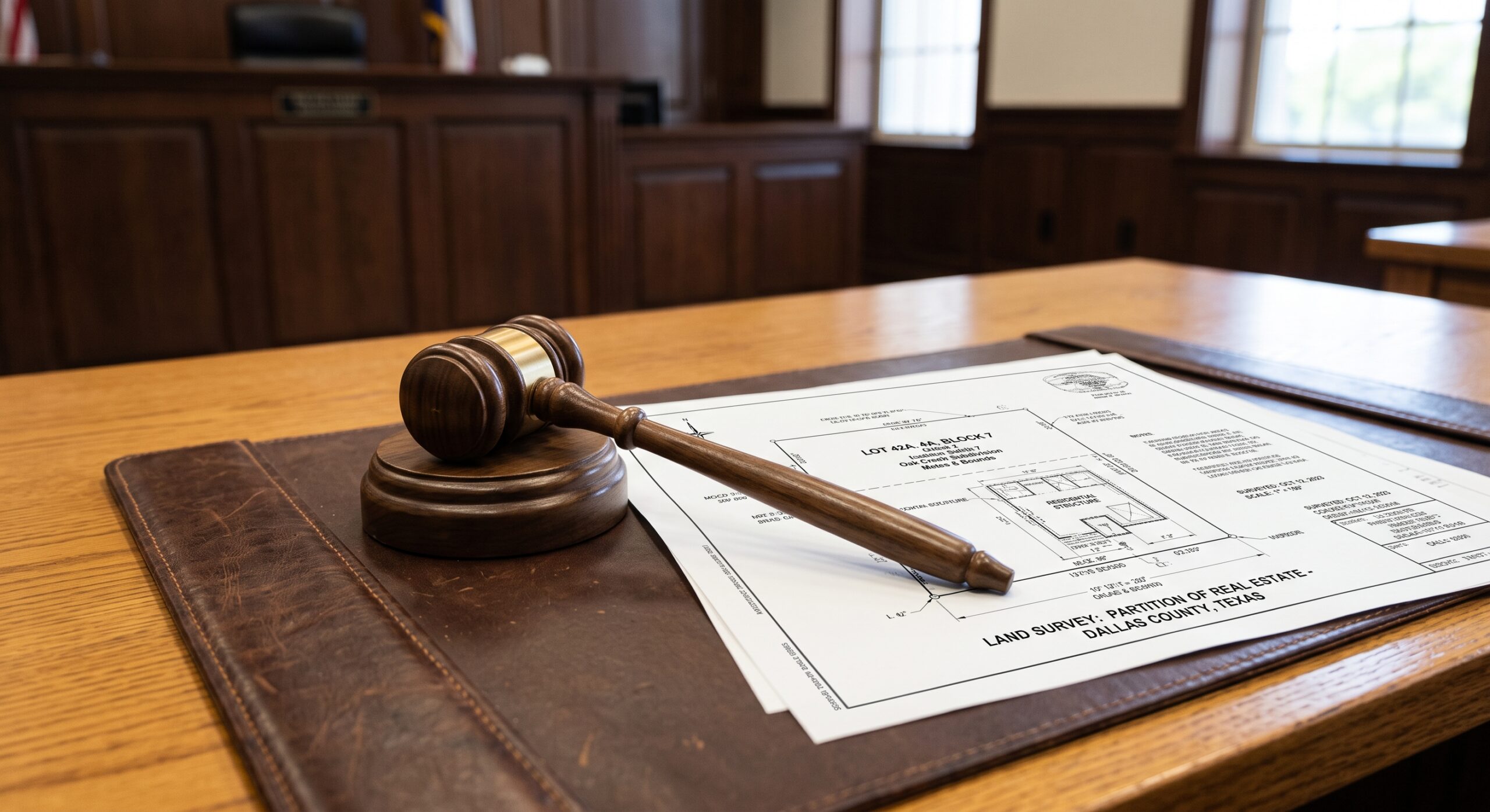 Judicial gavel and property survey map representing a Texas partition lawsuit and court-ordered real estate sale.