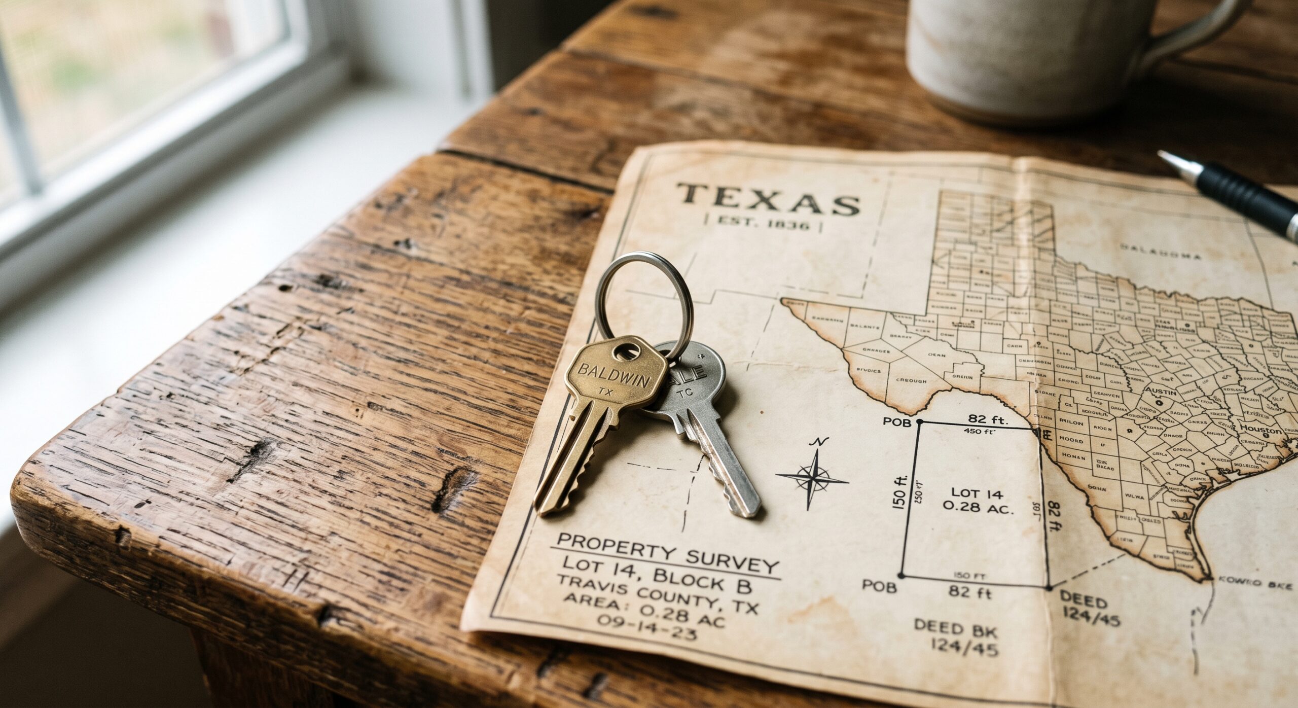 Texas real estate keys and property survey representing tenancy in common and joint tenancy co-ownership