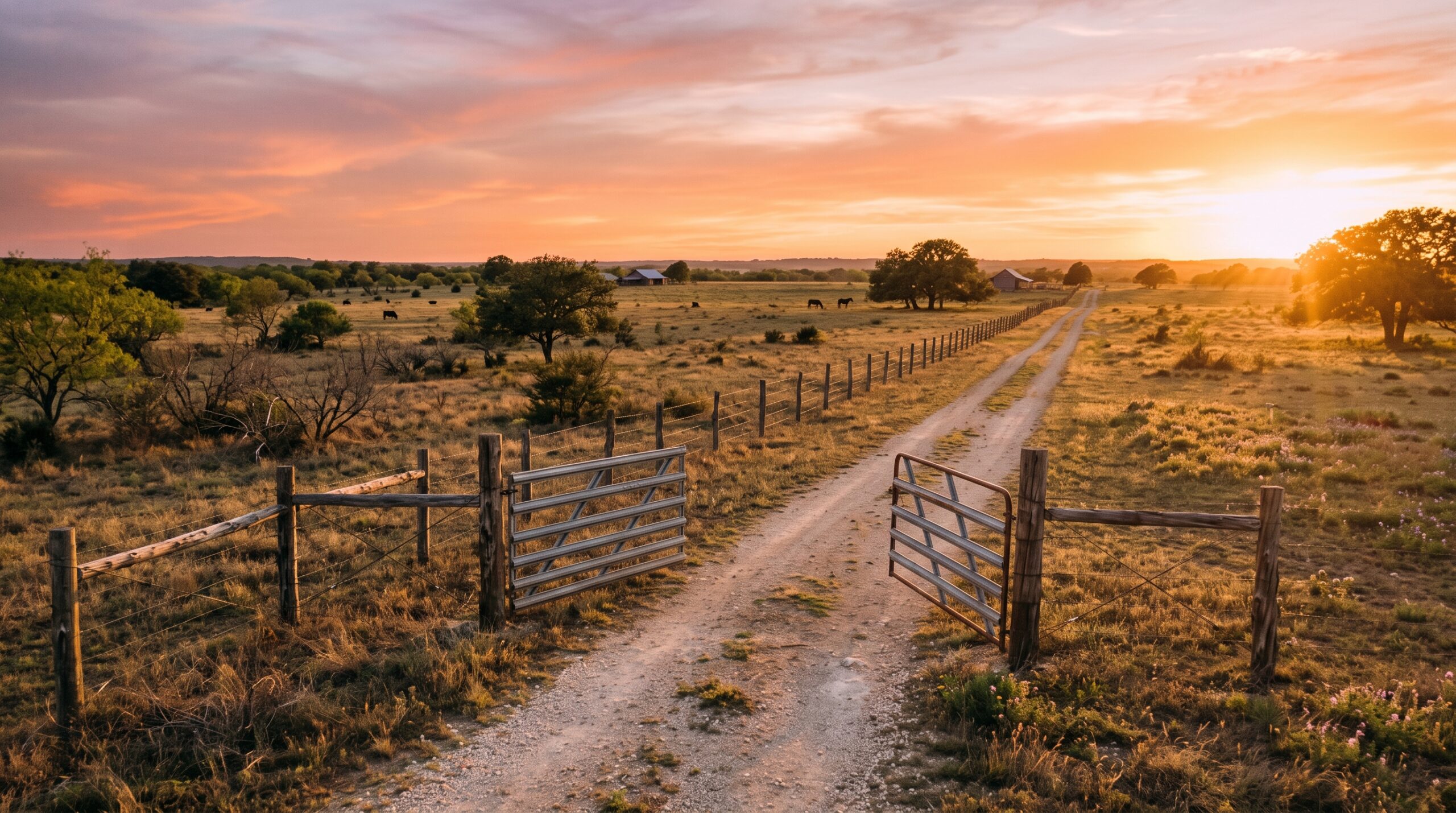 Wooden fence bisection on Texas ranch land with an open gate representing a clean exit from inherited co-ownership.