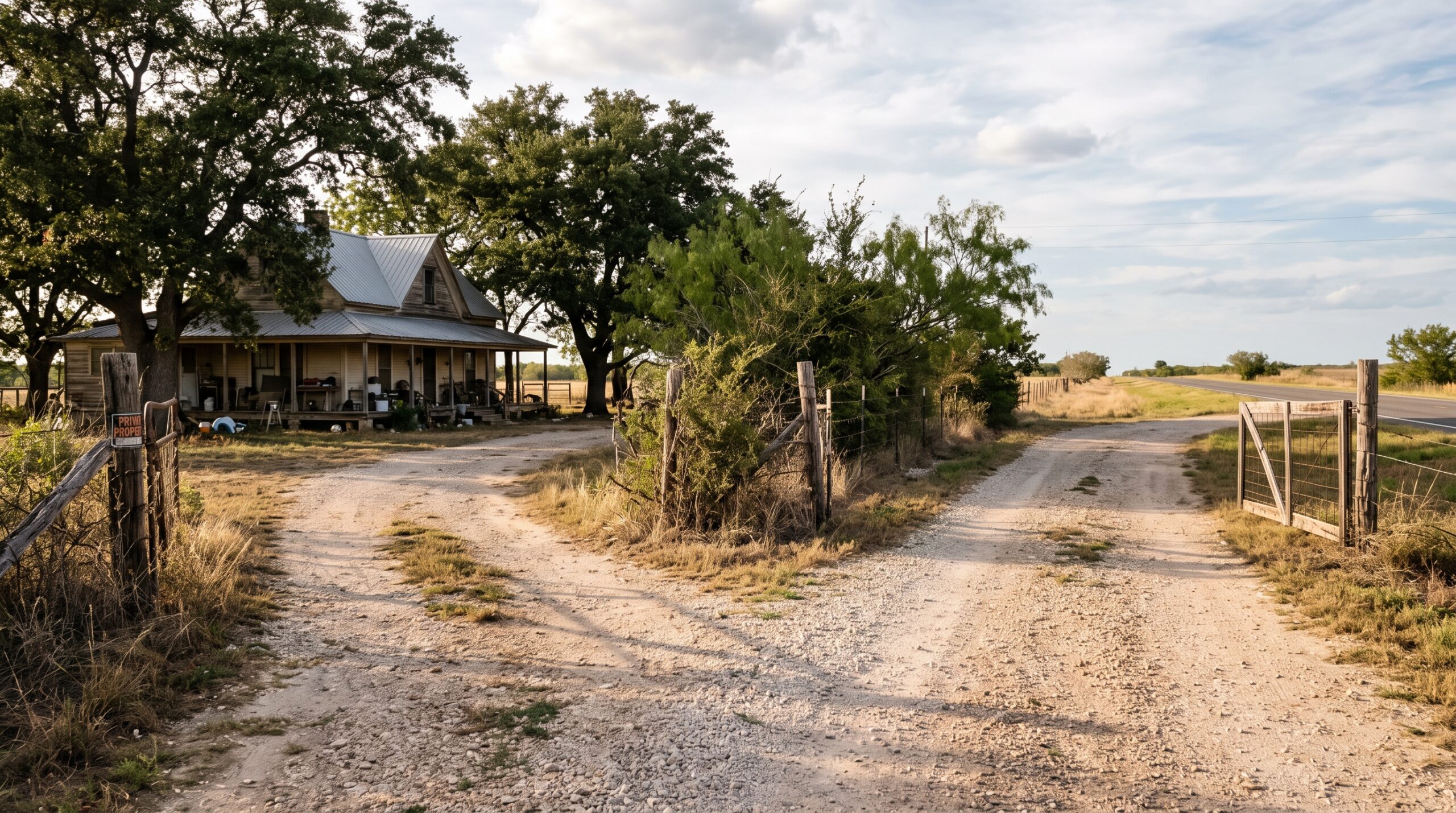 A splitting rural Texas driveway leading to a family home and an open gate, representing choices for inherited property co-owners.